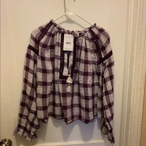 Free People Plum Cotton Crochet Trim Blouse S